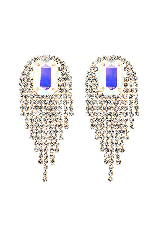 Rhinestone S2uare Fringe Tassel Earrings Ab Gold