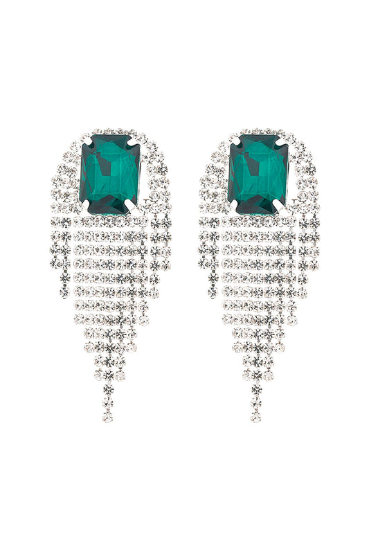 Rhinestone S2uare Fringe Tassel Earrings Emerald Silver
