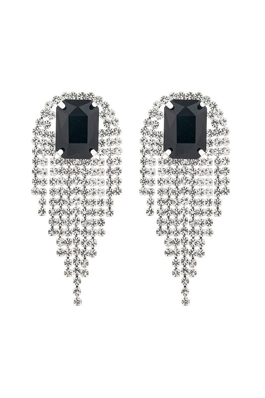 Rhinestone S2uare Fringe Tassel Earrings Black Silver