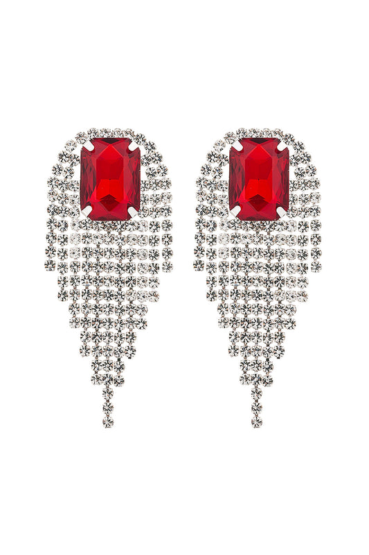 Rhinstone S2uare Fringe Tassel Earrings Red Silver