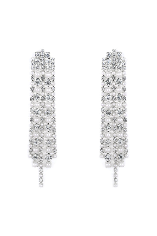Rhinestone Pearl Line Drop Earrings Crystal Silver