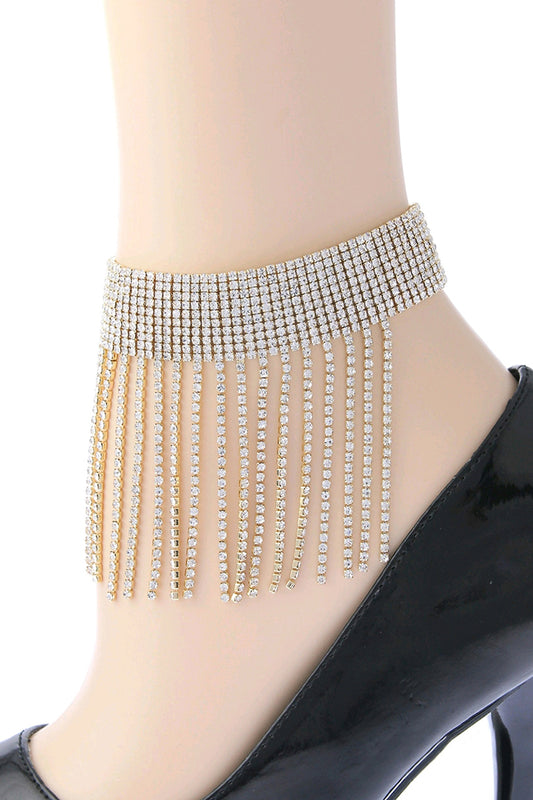 Line Rhinestone Fringe Tassel Anklet