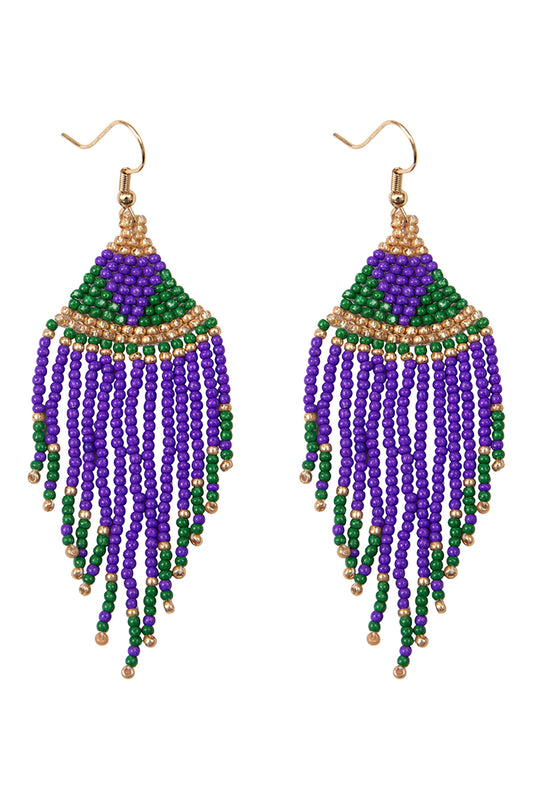 Mardi Gras Seed Beads Fringe Tassel Hook Earrings