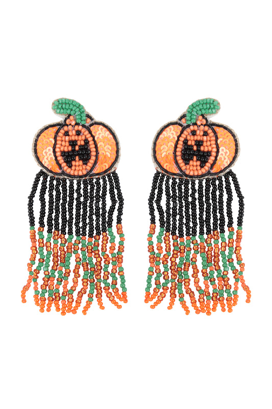 Halloween Pumpkin Fringe Seed Beads Drop Earrings Multicolor