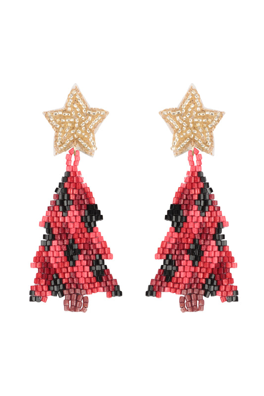 Christmas Tree With Star Seed Bead Drop Earrings Red