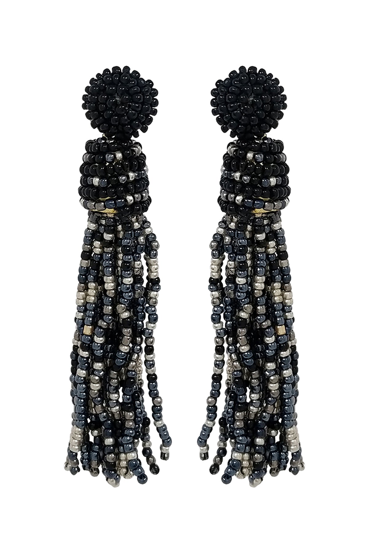 Tassel Fringe Seed Bead Drop Post Earrings Black