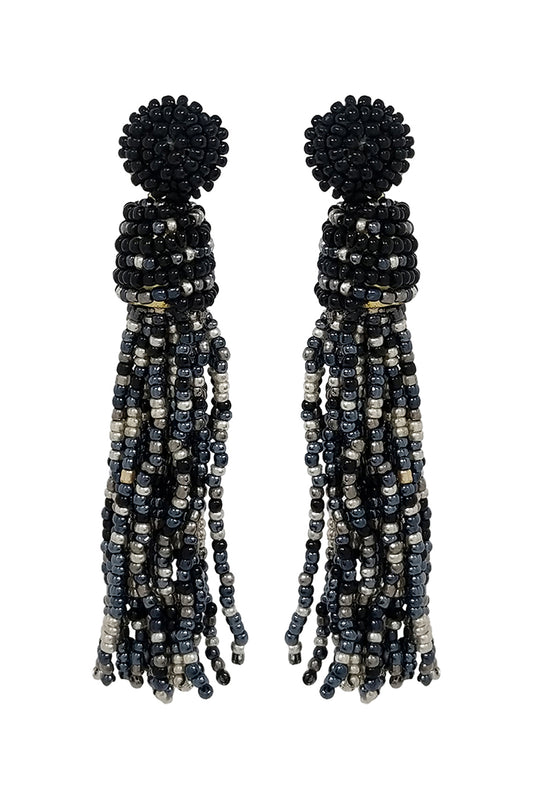 Tassel Fringe Seed Bead Drop Post Earrings Black