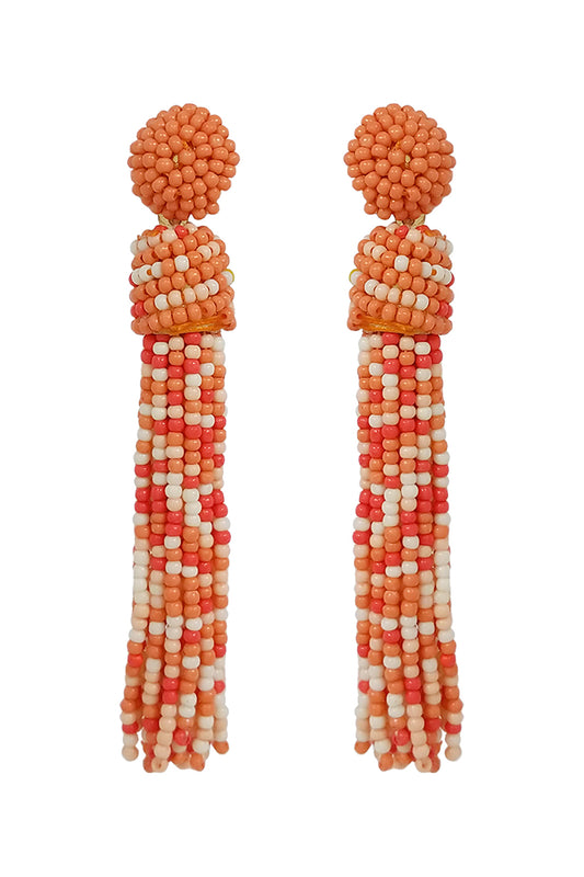 Tassel Fringe Seed Bead Drop Post Earrings Coral