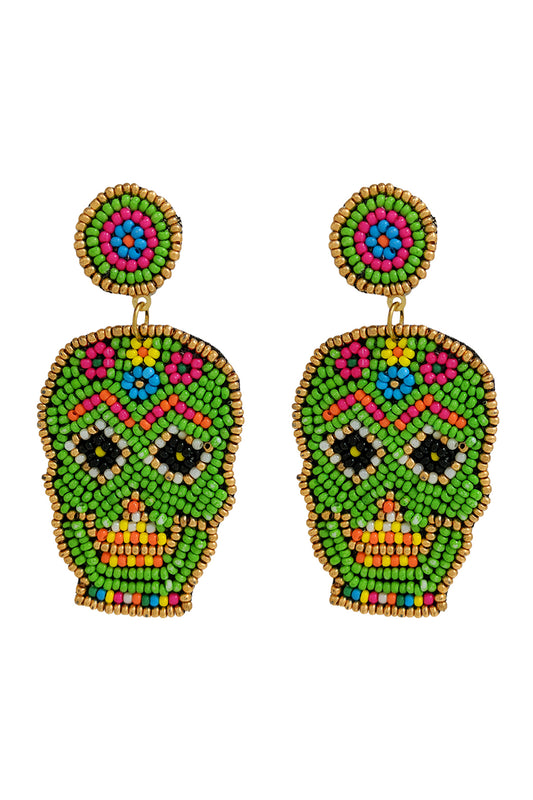 Sugar Skull Seed Bead Pattern Dangle Post Earrings Green