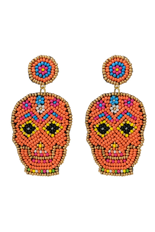 Sugar Skull Seed Pattern Dangle Post Earrings Orange Multi