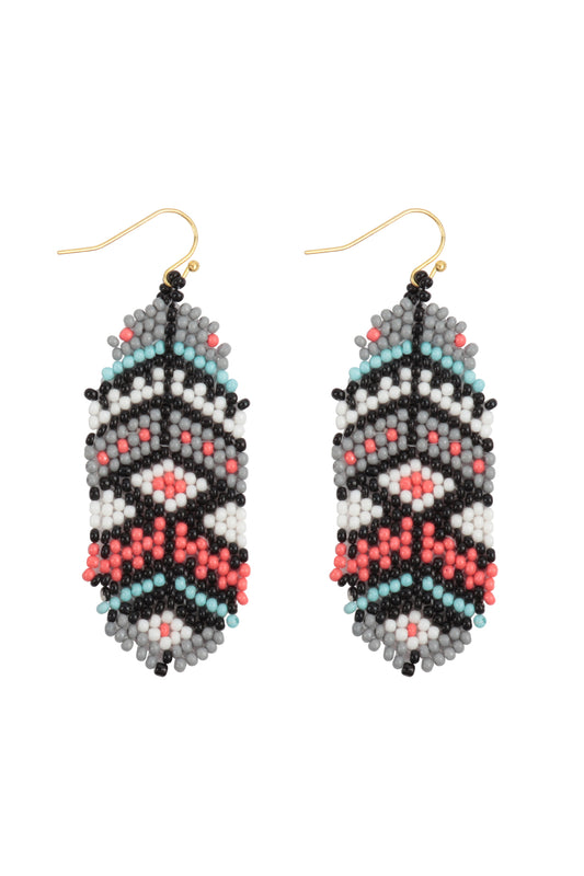 Aztec Western Seed Bead Oval Drop Earrings Gray Multicolor