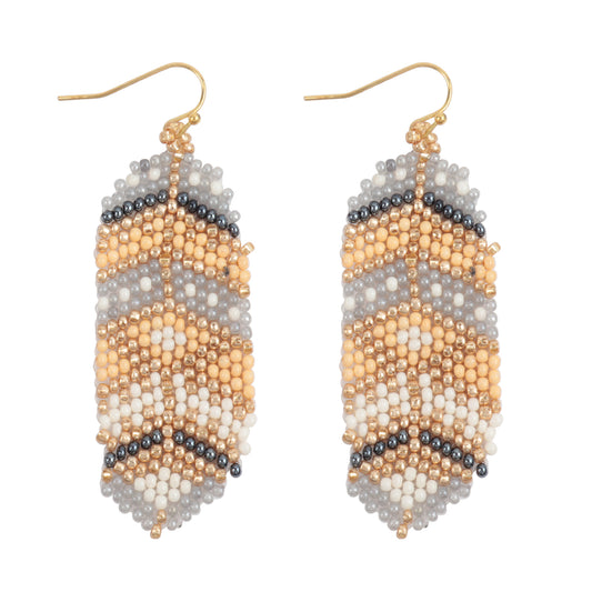Aztec Western Seed Bead Oval Drop Earrings Ivory Multicolor