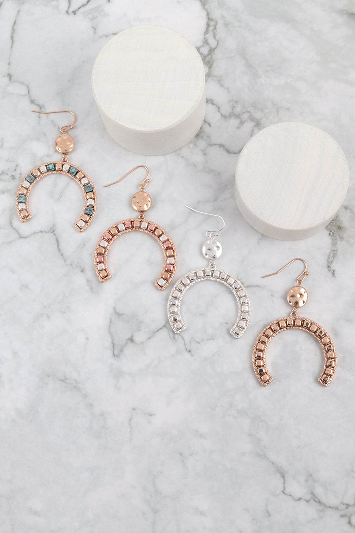 Horse Shoe Metal Block CCB Drop Dangle Earrings