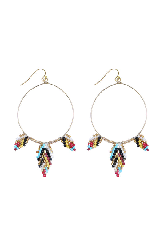 Boho Seed Bead Leaf Shape Hoop Earrings Black