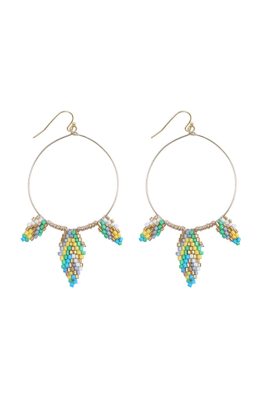 Boho Seed Bead Leaf Shape Hoop Earrings Green