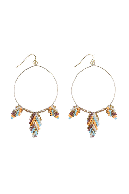 Boho Seed Bead Leaf Shape Hoop Earrings Ivory