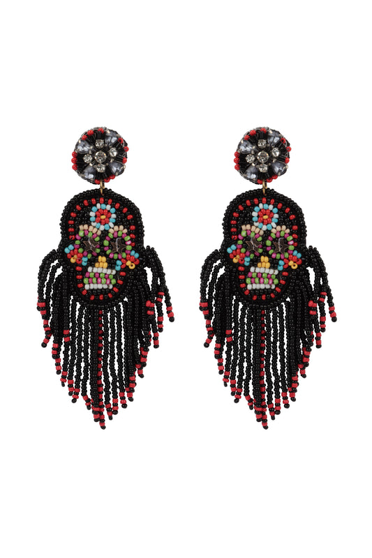 Halloween Skull Seed Beads Fringe Post Earrings Black
