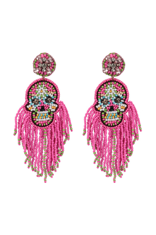 Halloween Skull Seed Beads Fringe Post Earrings Fuchsia
