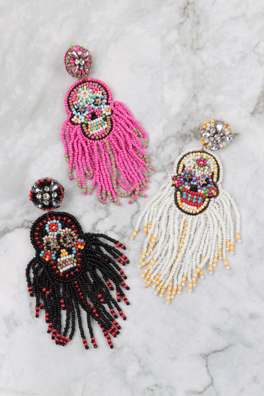 Halloween Skull Seed Beads Fringe Post Earrings