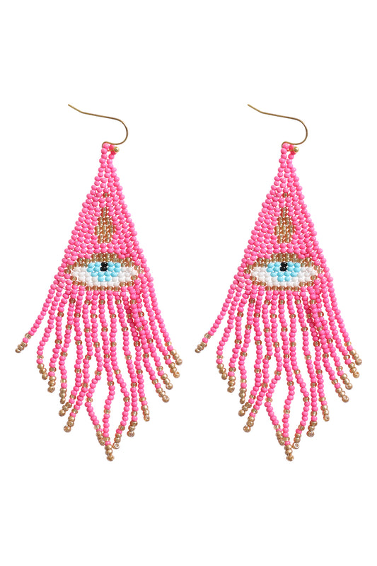 Evil Eye Seed Bead Fringe Hook Earrings Gold Hot Pink