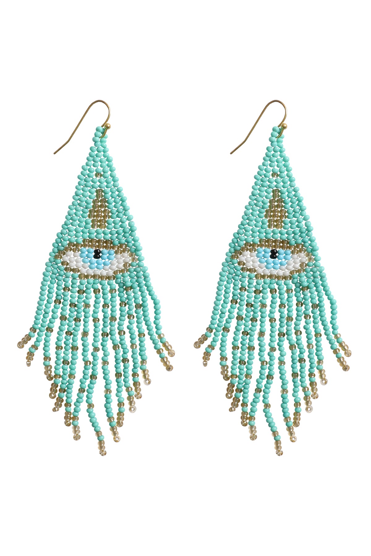 Evil Eye Seed Bead Fringe Hook Earrings Gold Mint