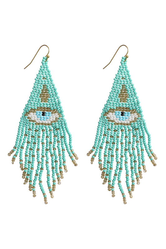 Evil Eye Seed Bead Fringe Hook Earrings Gold Mint