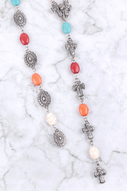 Western Concho Semi Stone Lariat Y Necklace & Earring Set