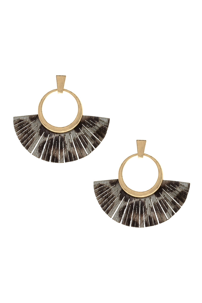 Fan Shaped Real Calf Hair Leather With Hammered Metal Earrings Brown