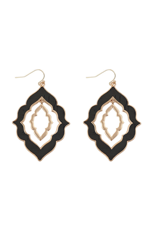Moroccan Shape Cast Cork Link Hook Earrings Black