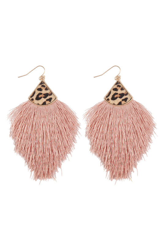 Dusty Pink Leopard Real Leather Tassel Hook Earrings