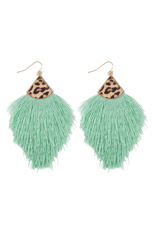 Mint Leopard Real Leather Tassel Hook Earrings