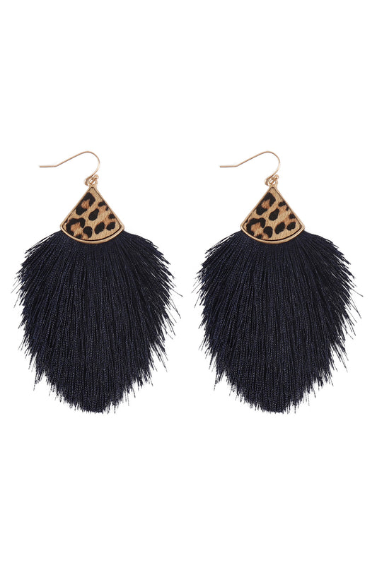Navy Leopard Real Leather Tassel Hook Earrings