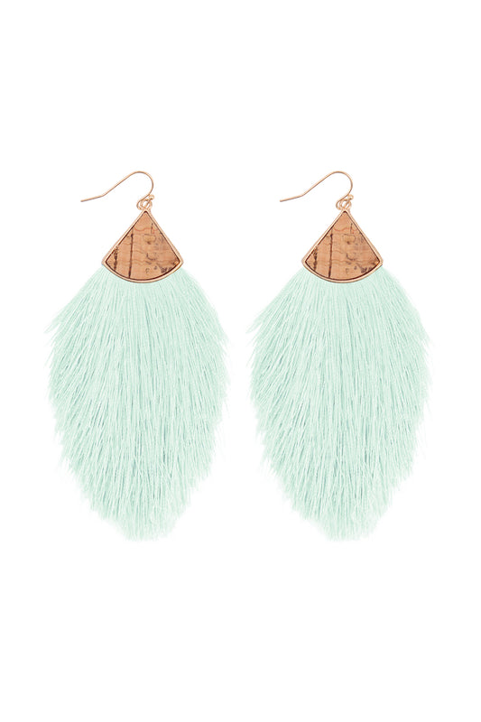 Cork W/fringe Thread Drop Hook Earrings Mint
