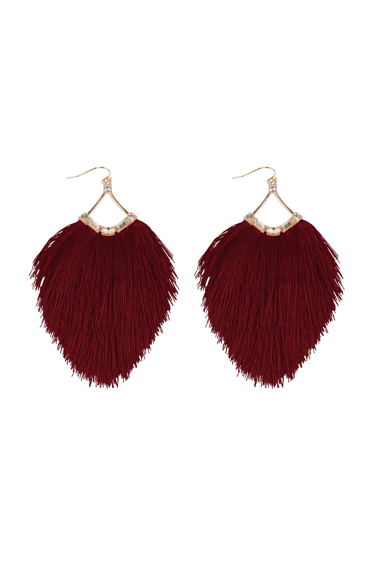 Tassel Fringe And Rhinestone Hook Earrings Burgundy
