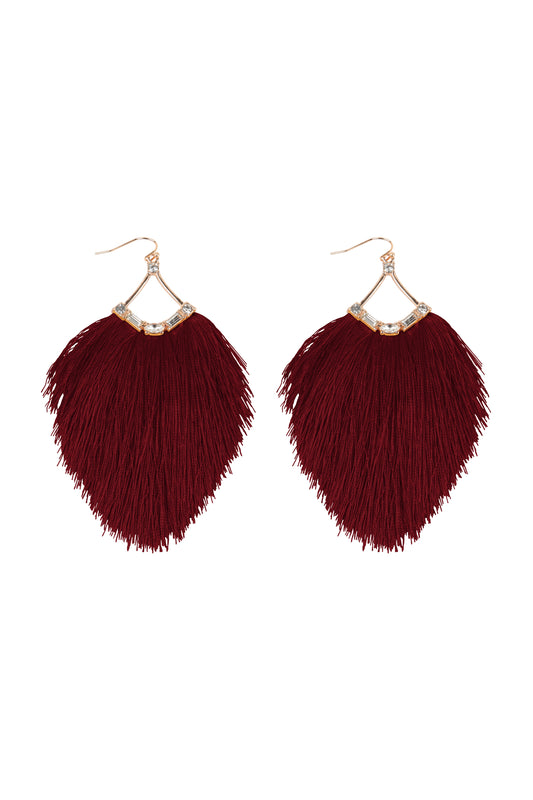 Tassel Fringe And Rhinestone Hook Earrings Burgundy