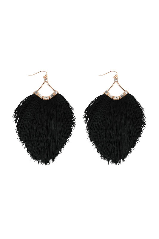 Tassel Fringe And Rhinestone Hook Earrings Black