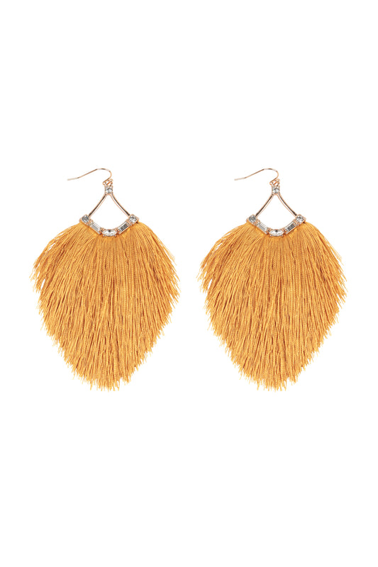 Tassel Fringe And Rhinestone Hook Earrings Mustard