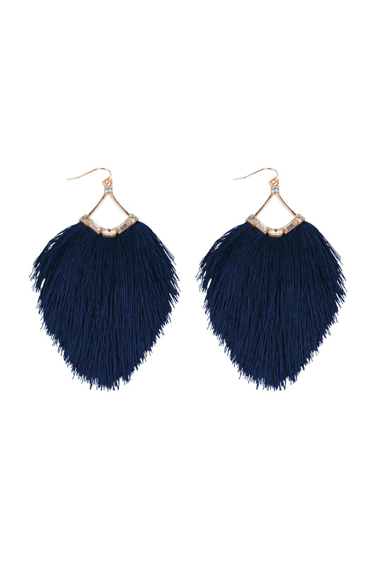 Tassel Fringe And Rhinestone Hook Earrings Navy