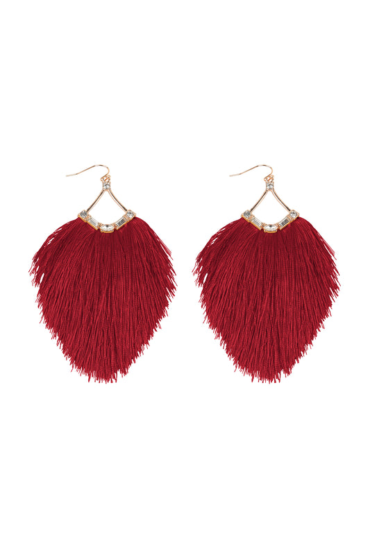 Tassel Fringe And Rhinestone Hook Earrings Red