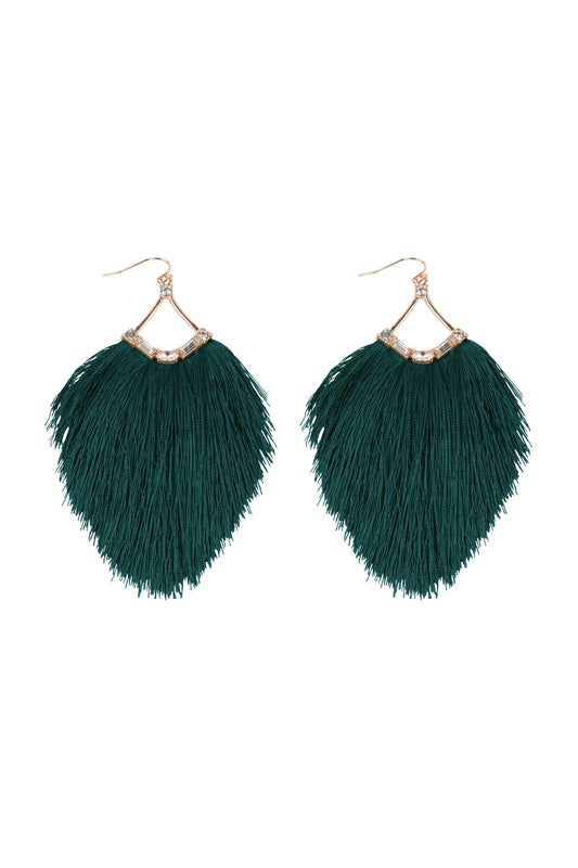 Tassel Fringe And Rhinestone Hook Earrings Teal