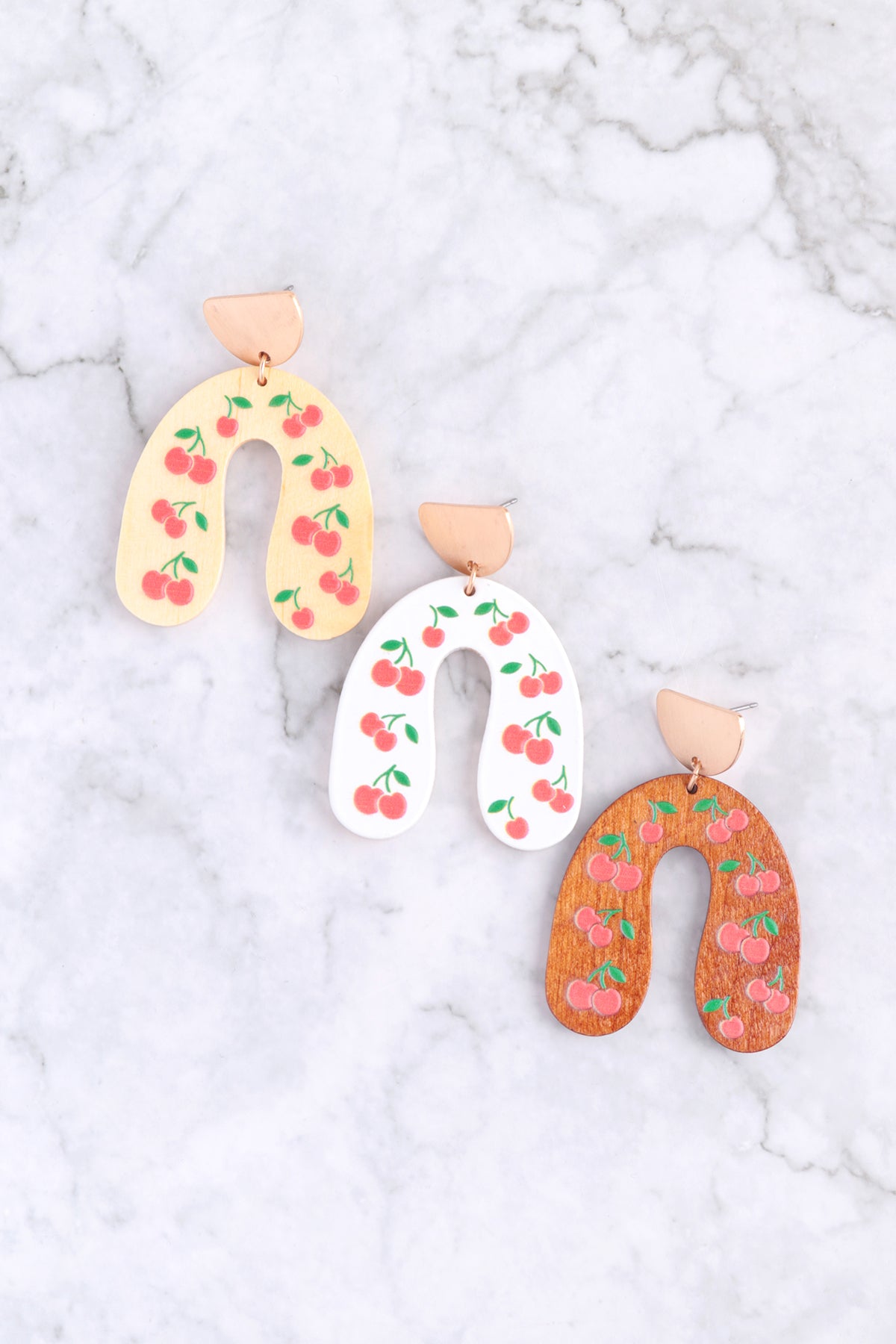 U Shaped Wood Cherry Print Post Earrings
