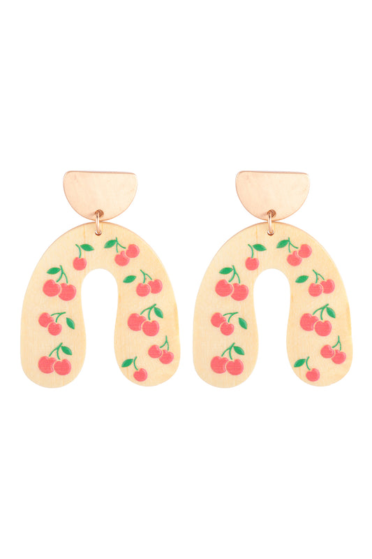 U Shaped Wood Cherry Print Post Earrings