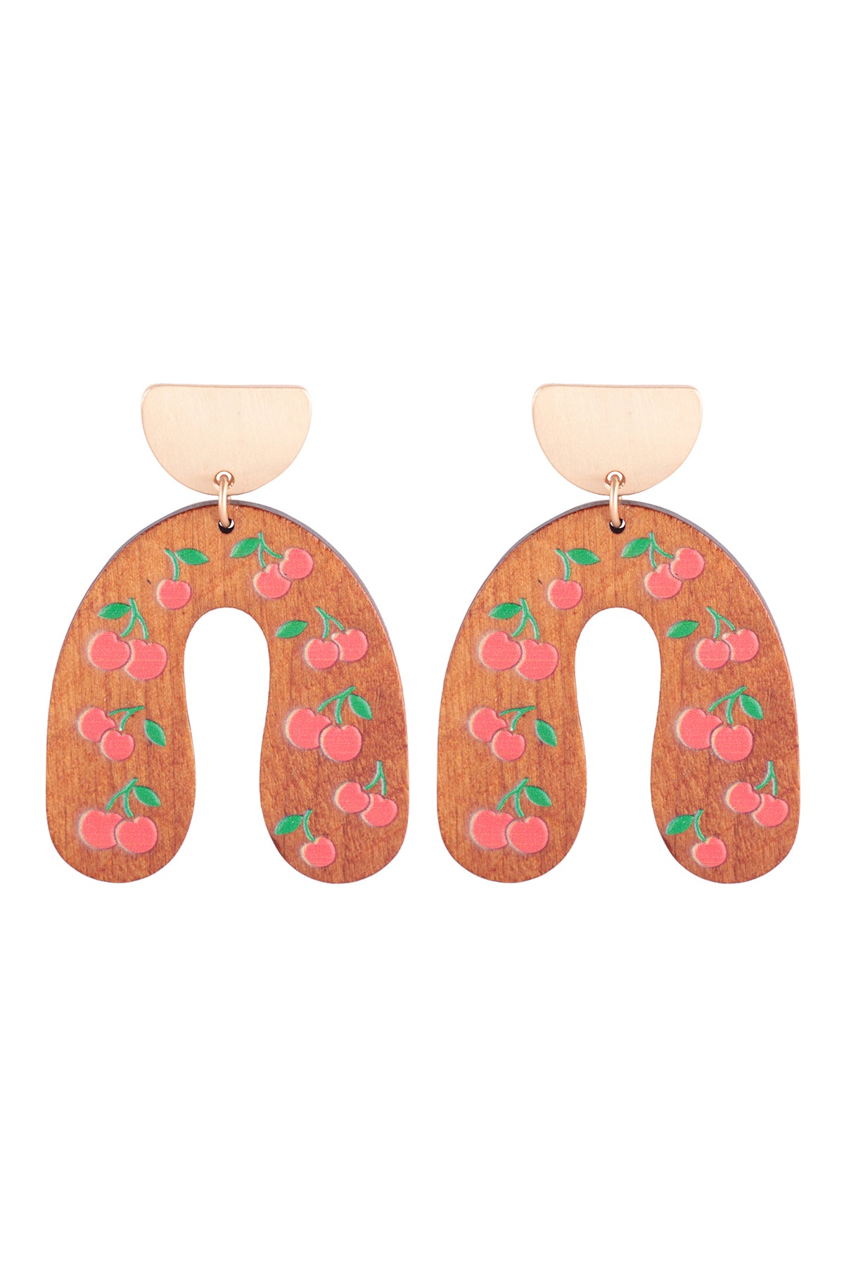 U Shaped Wood Cherry Print Post Earrings Light Brown
