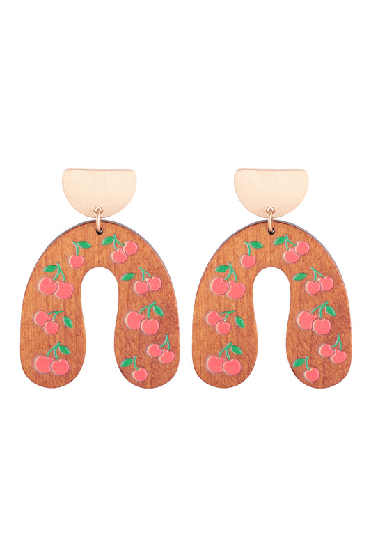 U Shaped Wood Cherry Print Post Earrings Light Brown