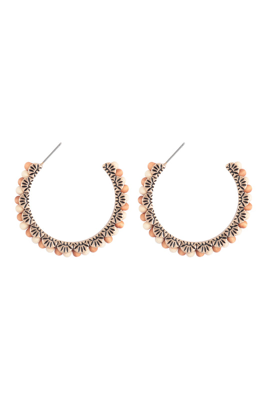 1.75" Wood Bead Western Concho Hoop Earrings