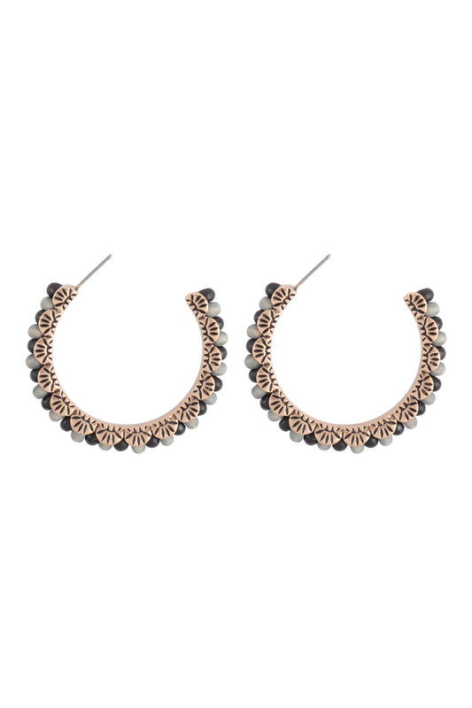 Wood Bead Western Concho Hoop Earrings Black Gray