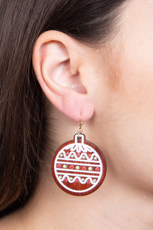 Wood Christmas Ornament Ball Hook Earrings