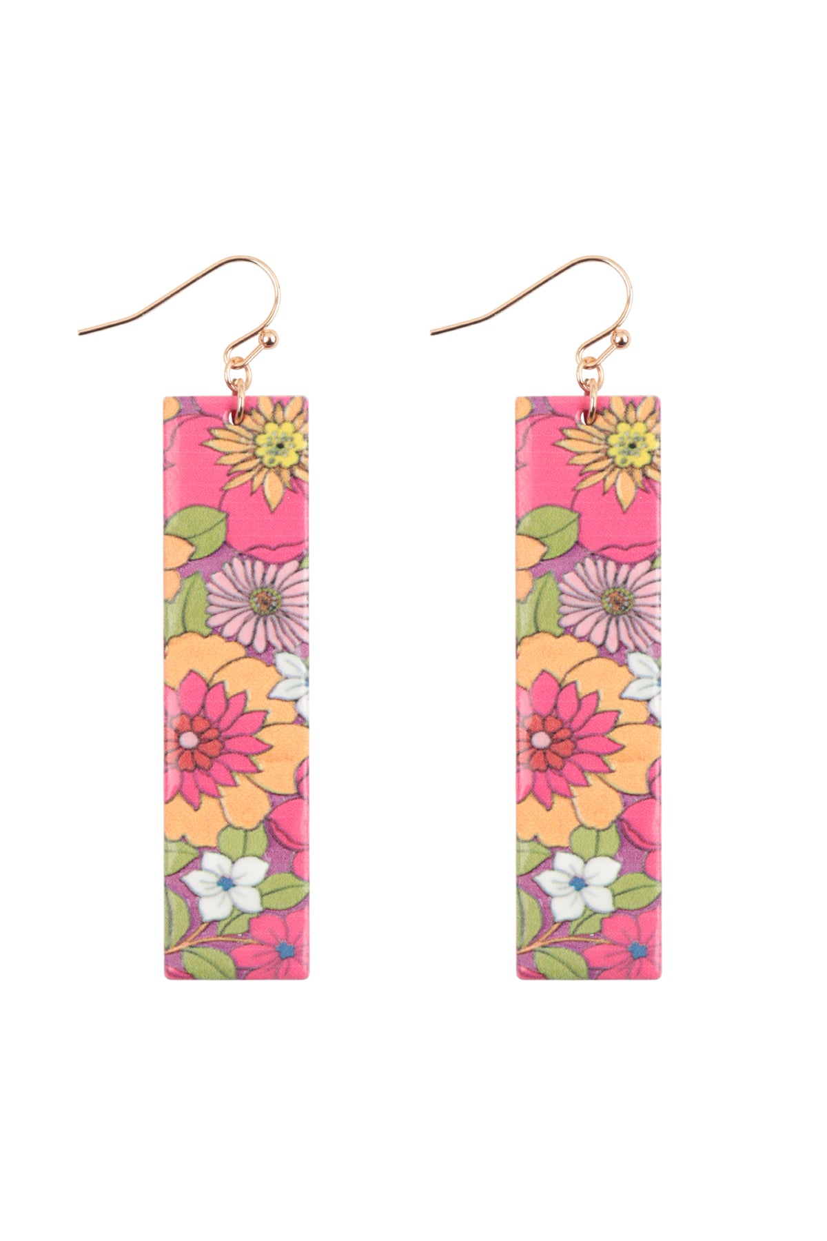 Flower Print Bar Shaped Wood Drop Earrings Fuchsia