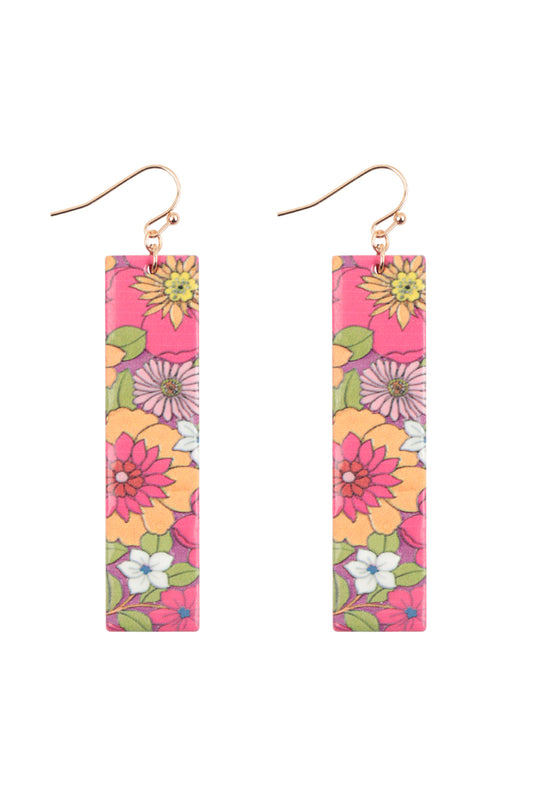 Flower Print Bar Shaped Wood Drop Earrings Fuchsia