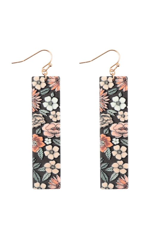 Flower Print Bar Shaped Wood Drop Earrings Black